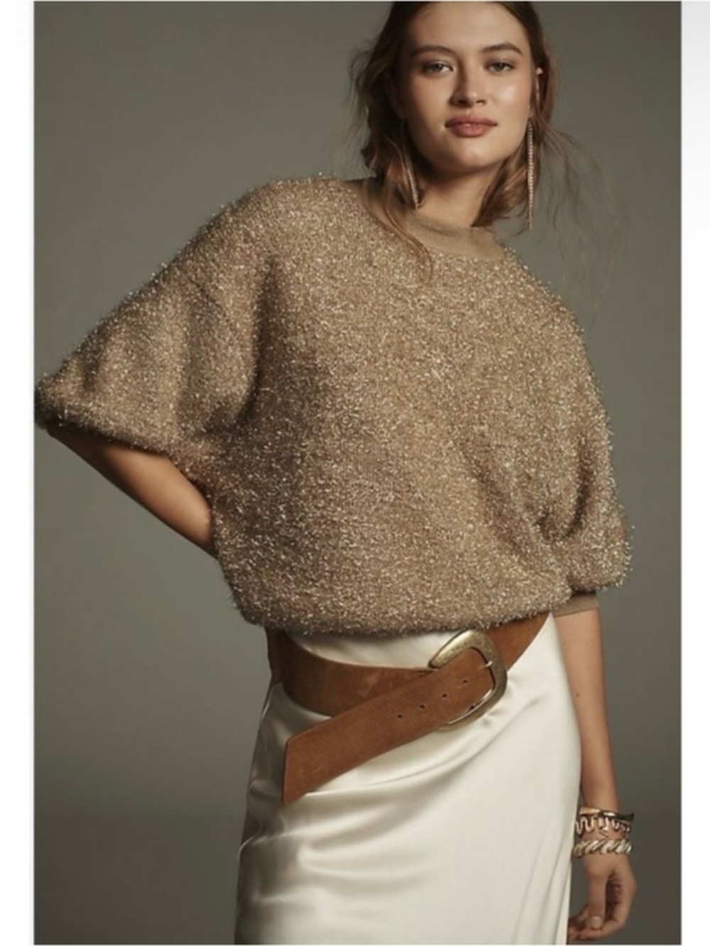 Anthropologie Maeve The Violetta Short-sleeve Tinsel Sweater‎ Size Small Gold